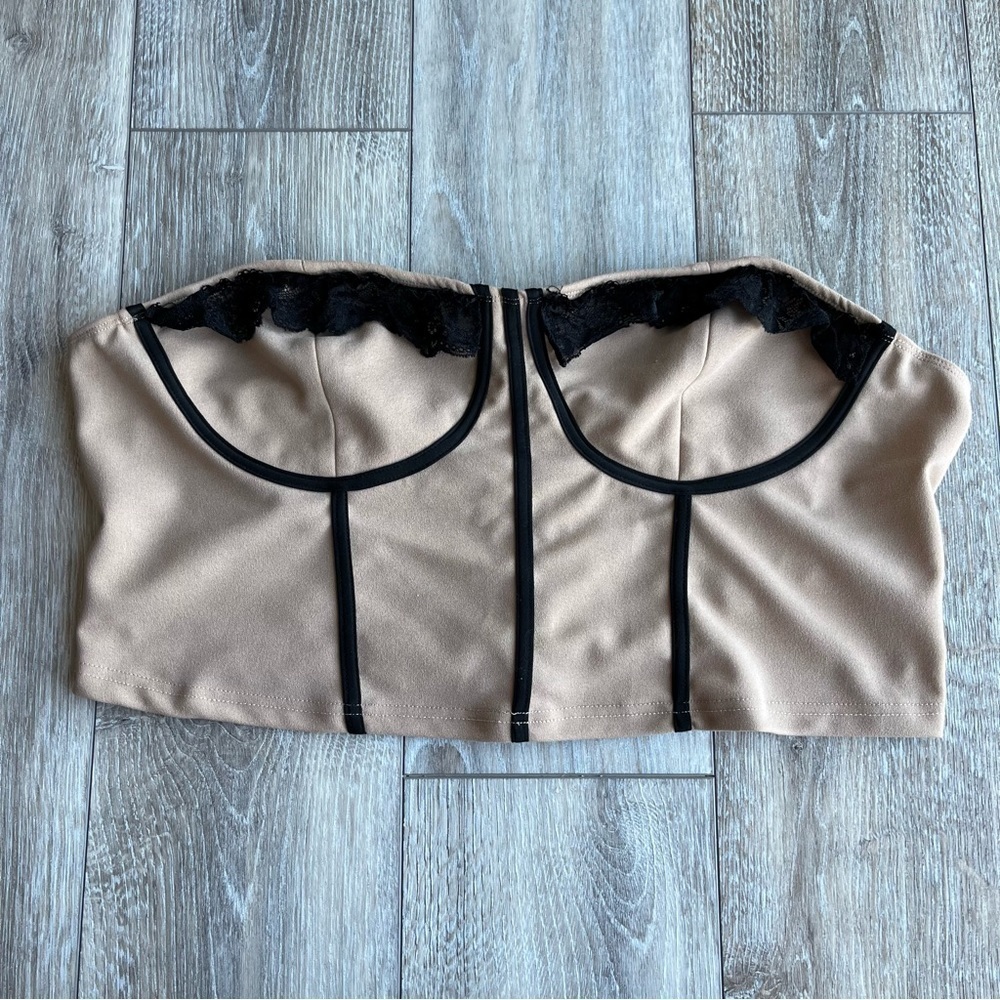 SHEIN SXY Strapless Crop Top Corset Look Size 3XL Tan Black